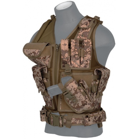 Lancer Tactical Airsoft Cross Draw Combat Vest w/ Holster - DESERT DIGITAL