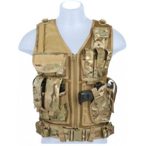 Lancer Tactical Airsoft Cross Draw Vest w/ Holster - CAMO