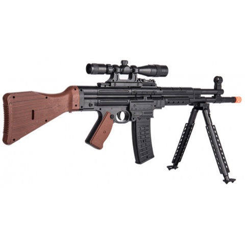 AMA MP44 Spring Airsoft Rifle w/ Bipod, Scope, Laser (Color: Black / Faux Wood)