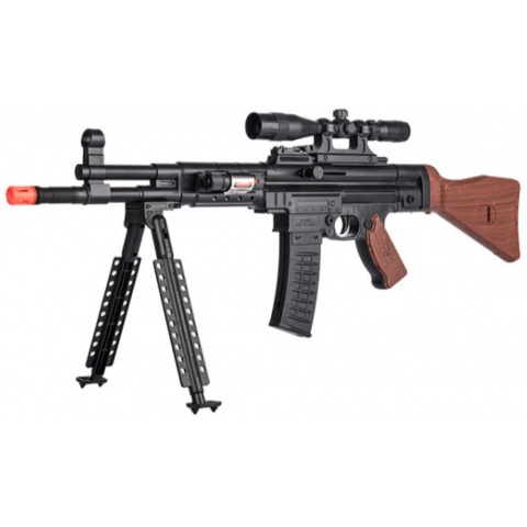 AMA MP44 Spring Airsoft Rifle w/ Bipod, Scope, Laser (Color: Black / Faux Wood)