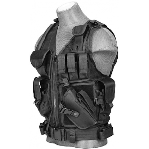 Doorbuster: Lancer Tactical Airsoft Cross Draw Combat Vest w/ Holster - BLACK