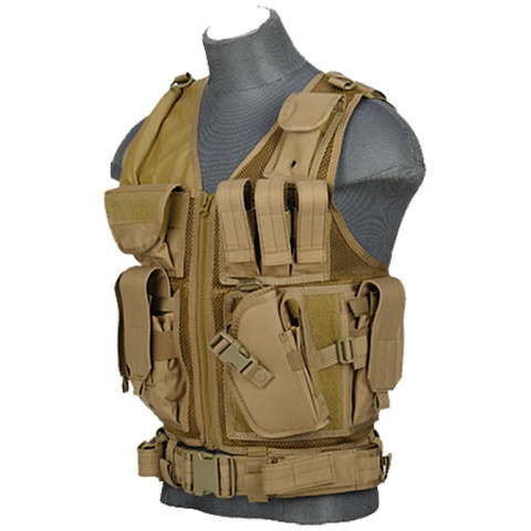 Lancer Tactical Nylon Airsoft Cross Draw Vest w/ Holster - KHAKI