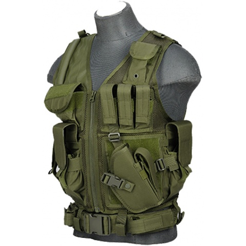 Lancer Tactical Nylon Airsoft Cross Draw Vest w/ Holster - OD GREEN
