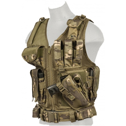 Lancer Tactical Nylon Airsoft Cross Draw Vest w/ Holster - CAMO TROPIC