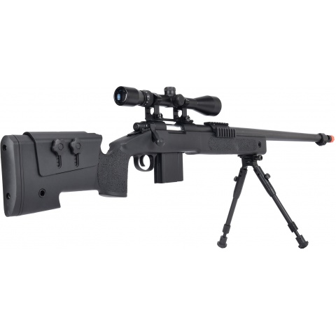 WellFire MB4416 M40A3 Bolt Action Sniper Rifle w/ Scope & Bipod - BLACK