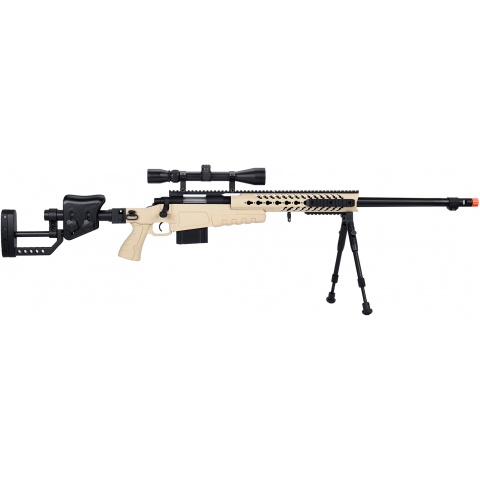 WellFire MB4418-2 Bolt Action Airsoft Sniper Rifle w/ Scope & Bipod - TAN
