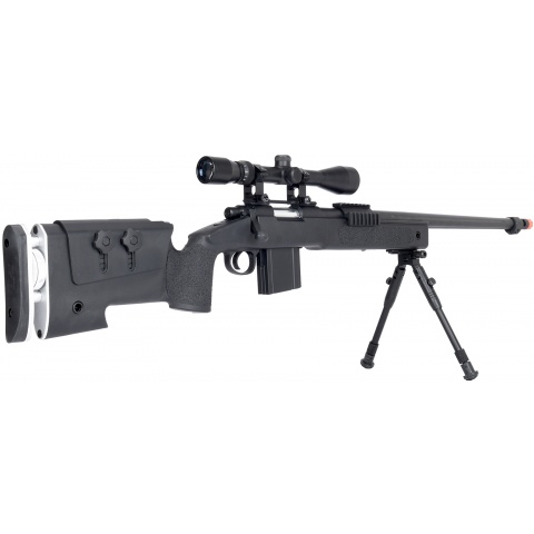 WellFire MB4417 M40A3 Bolt Action Airsoft Sniper Rifle w/ Scope & Bipod - BLACK