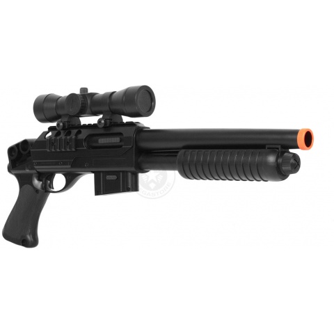 Double Eagle Tactical Sawed-Off Pump Action Airsoft Shotgun w/ Scope, Laser (Color: Black)