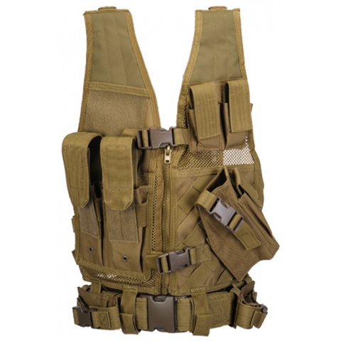 Lancer Tactical Airsoft Cross Draw Vest Youth Size w/ Holster - KHAKI